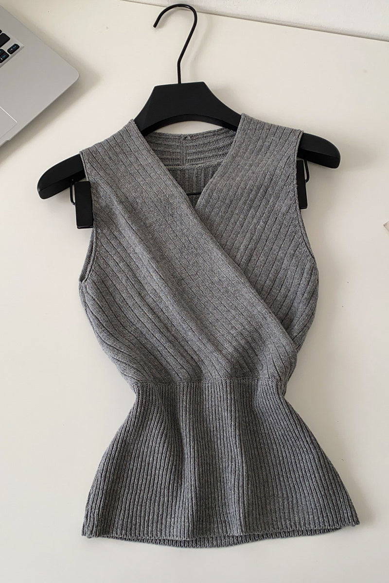 Ribbed Wrap Front Sleeveless Top