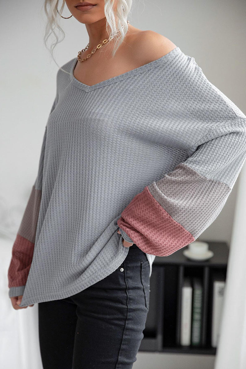 V-Neck Color Block Long Sleeve Top