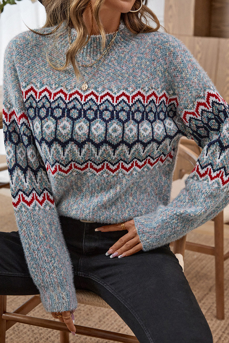 Geometric Pattern Balloon Sleeve Sweater