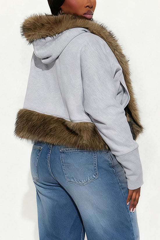 Hooded Faux Fur Trim Cropped Jacket