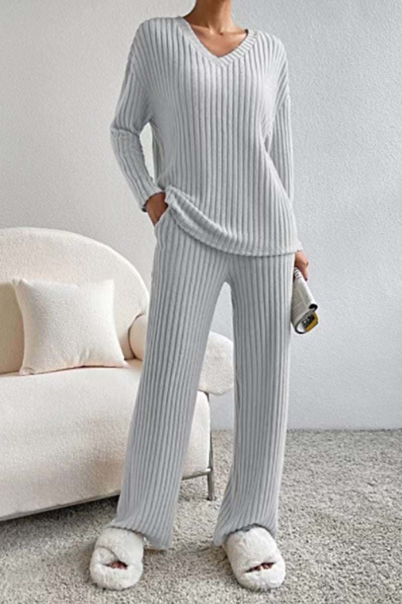 Ribbed V-Neck Pants Set