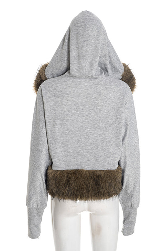 Hooded Faux Fur Trim Cropped Jacket