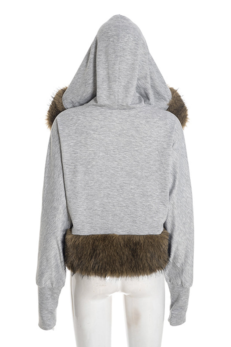Hooded Faux Fur Trim Cropped Jacket