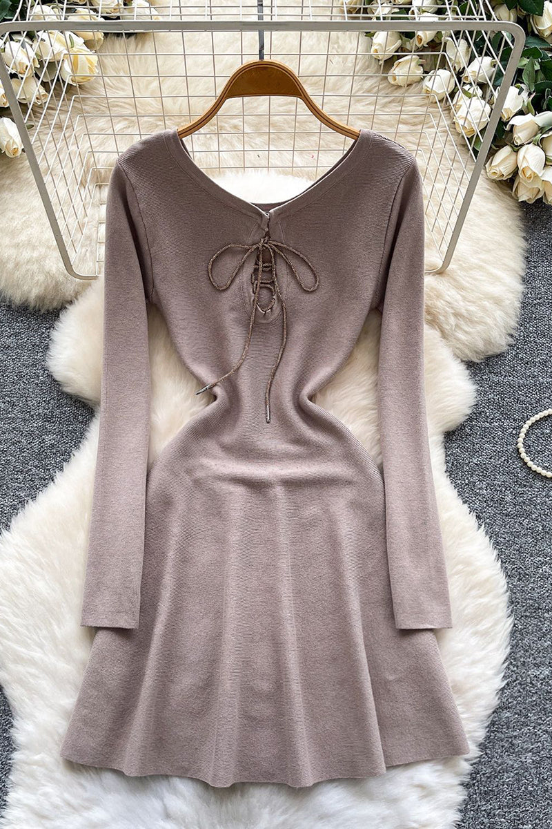 Lace-Up Long Sleeve Casual Dress