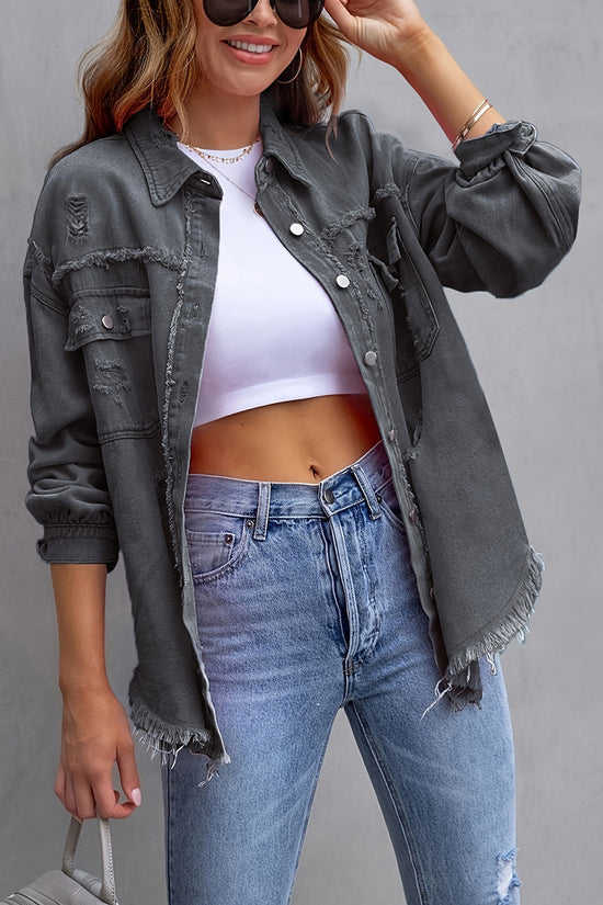 Distressed Denim Jacket with Frayed Hem