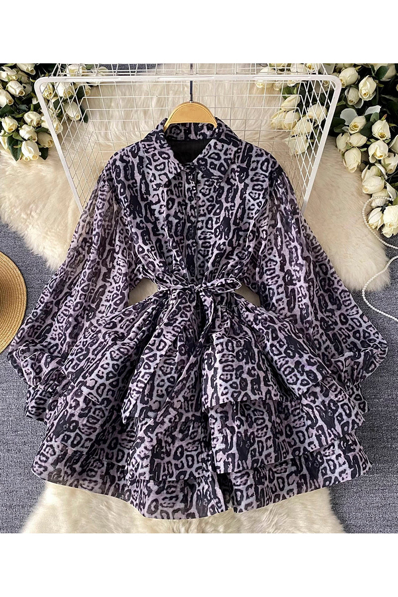 Leopard Print Long Sleeve Casual Dress