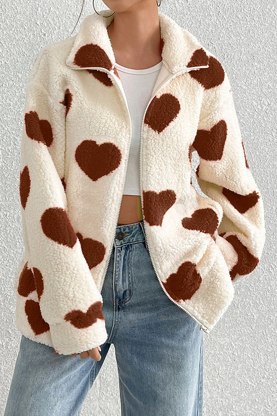 Heart Patterned Cozy Zip-Up Coat