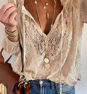 Relaxed V-Neck Lace Blouse