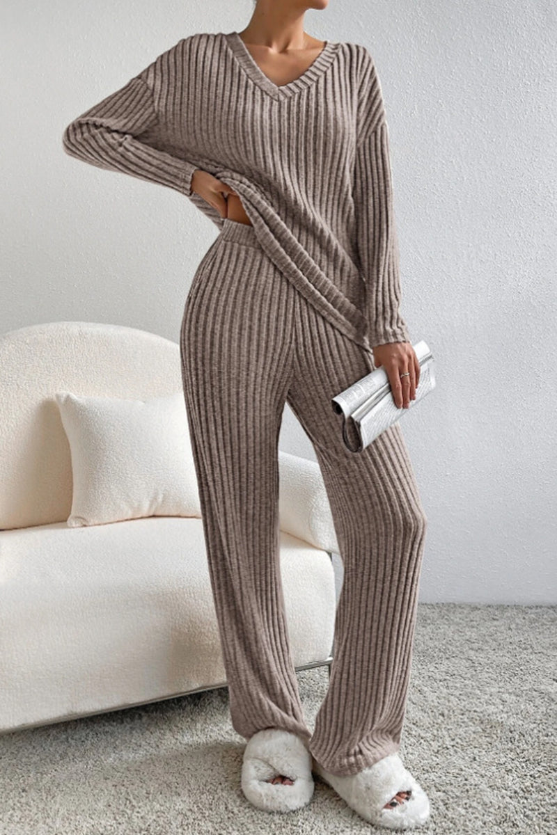 Ribbed V-Neck Pants Set
