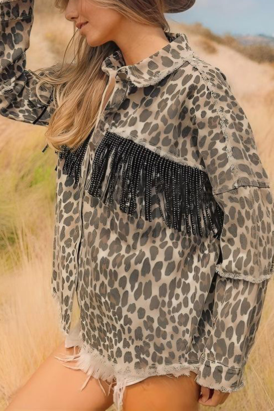 Leopard Fringe Denim Jacket