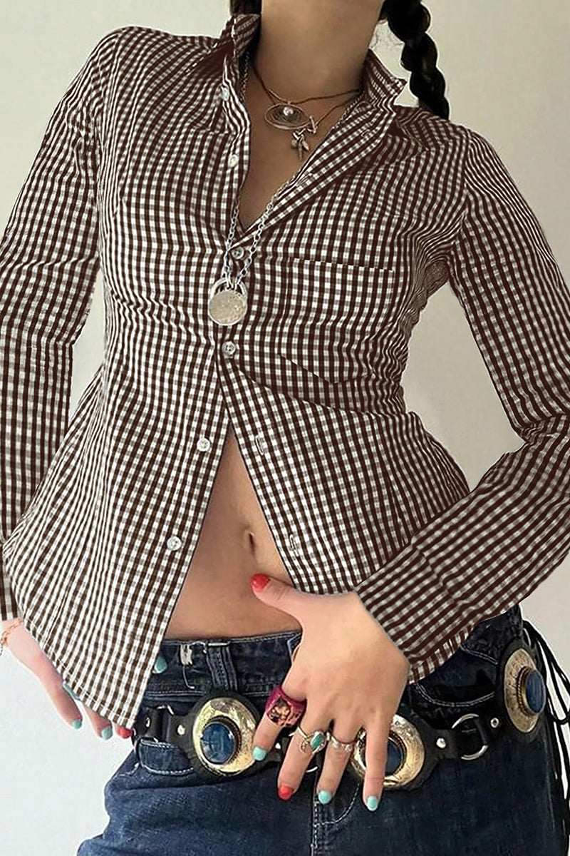 Checkered Button-Up Blouse
