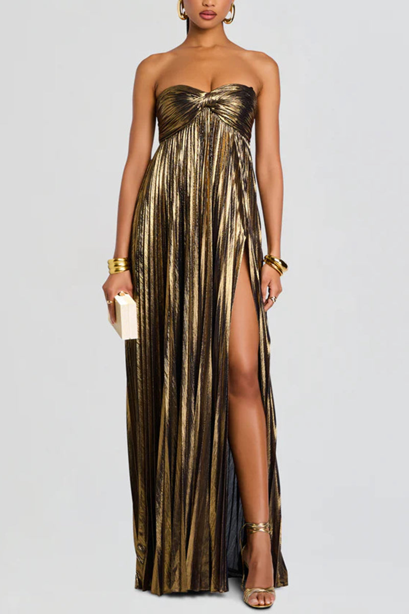 Strapless Metallic Slit Dress