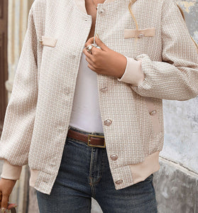 Chic Textured Button-Up Bomber Jacket