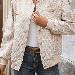 Chic Textured Button-Up Bomber Jacket