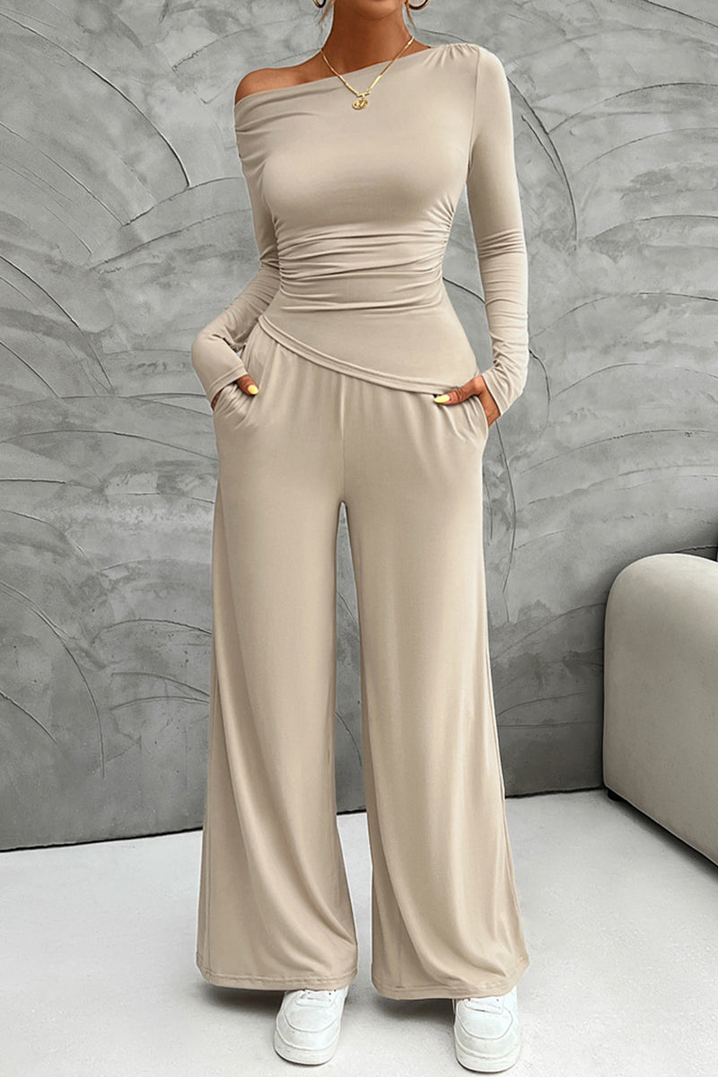 Elegant Long Sleeve Wide-Leg Pants Set