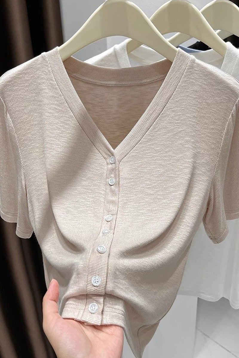 Button-Front Short Sleeve Top