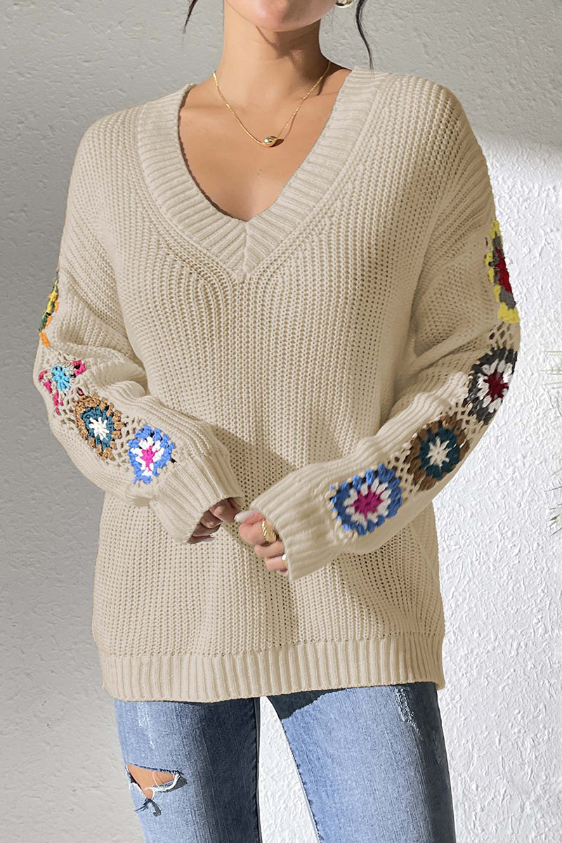 Floral Knit V-Neck Sweater