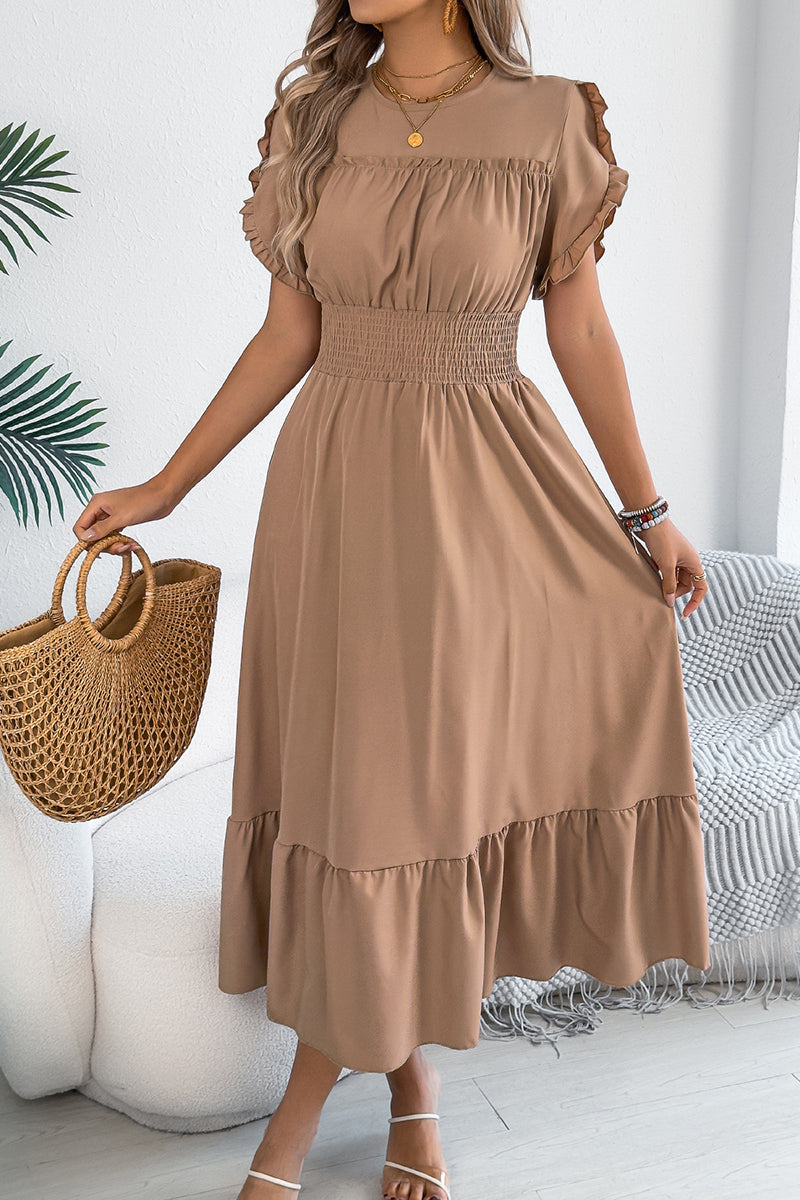 Ruffled Short Sleeve Casual Midi Dress