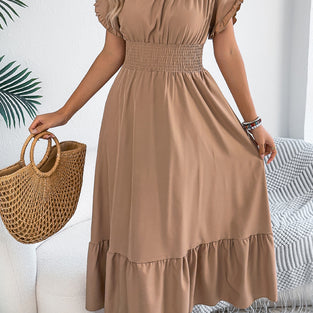 Ruffled Short Sleeve Casual Midi Dress