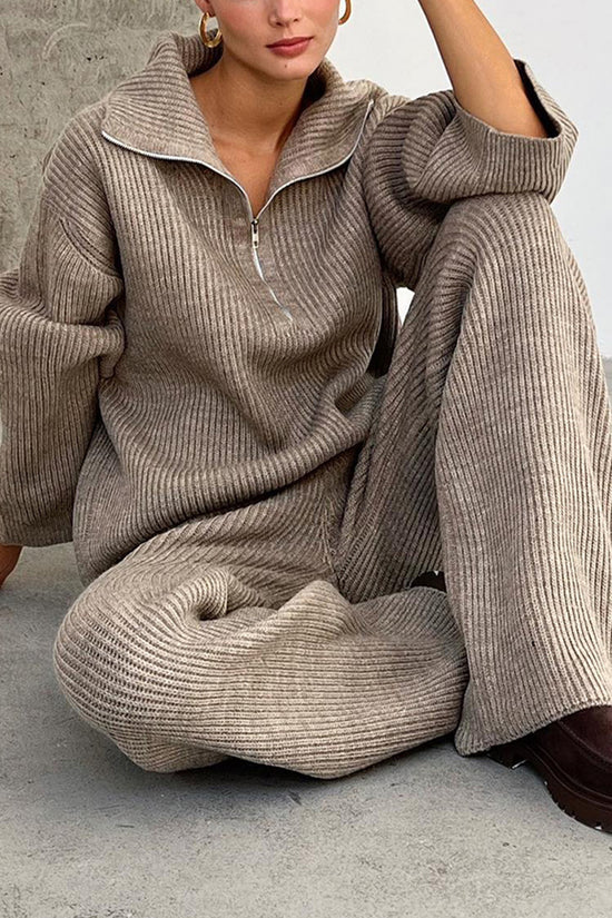 Cozy Zip-Up Sweater and Flare Pants Set