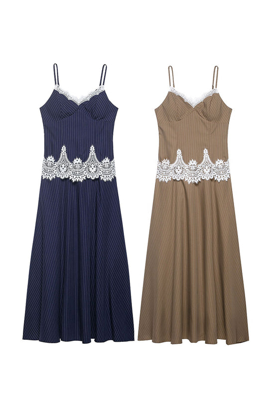 Striped Lace Sleeveless Casual Dress