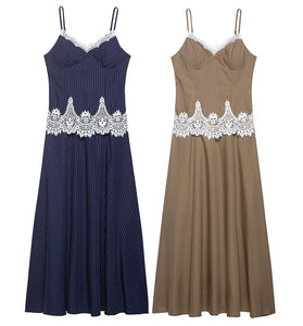 Striped Lace Sleeveless Casual Dress