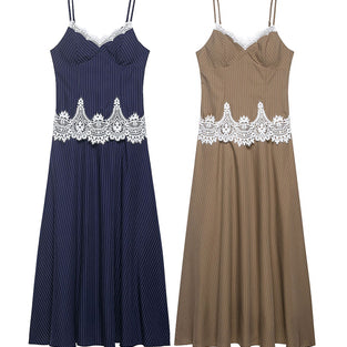 Striped Lace Sleeveless Casual Dress