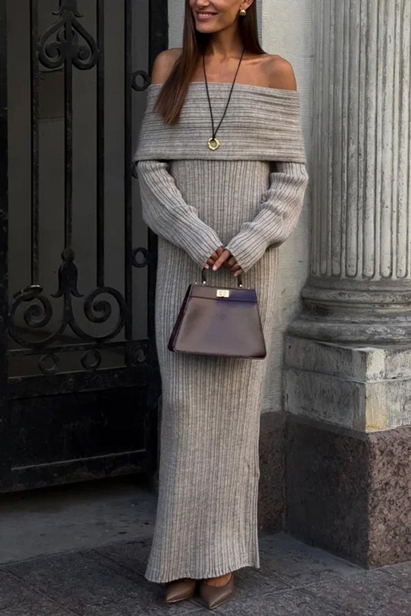 Off-Shoulder Ribbed Knit Maxi Dress