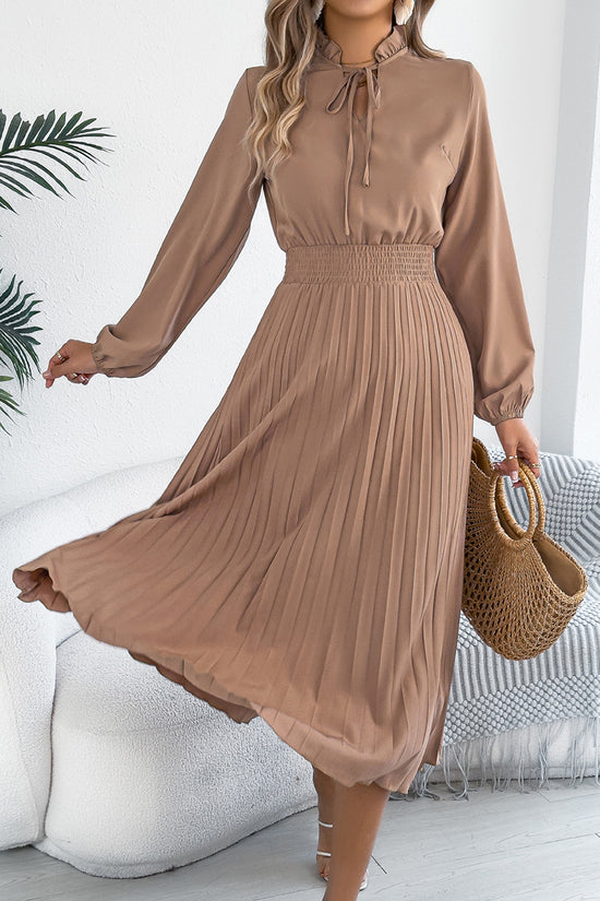 Ruffled Neck Pleated Midi Dress