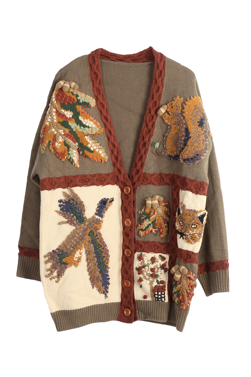 Woodland Motif Cardigan with Rustic Charm