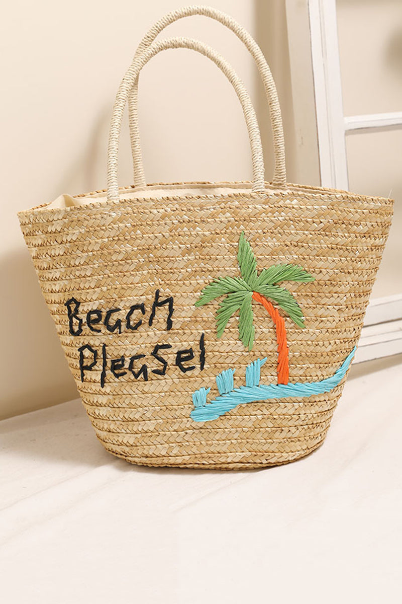 Straw Beach Tote with Palm Pattern