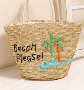 Straw Beach Tote with Palm Pattern
