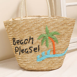 Straw Beach Tote with Palm Pattern