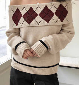 Off-Shoulder Argyle Knit Sweater
