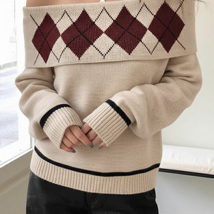 Off-Shoulder Argyle Knit Sweater