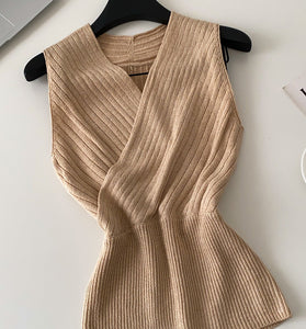 Ribbed Wrap Front Sleeveless Top