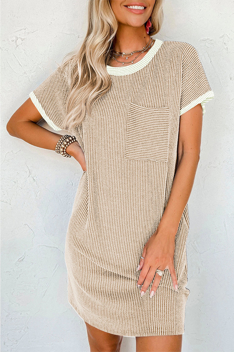 Rib Trim Striped T Shirt Dress