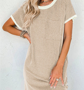 Rib Trim Striped T Shirt Dress