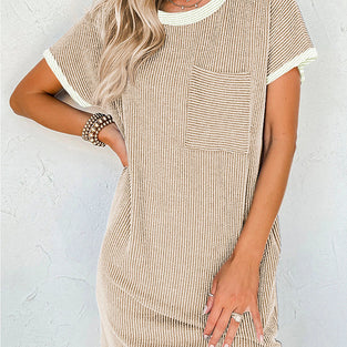 Rib Trim Striped T Shirt Dress