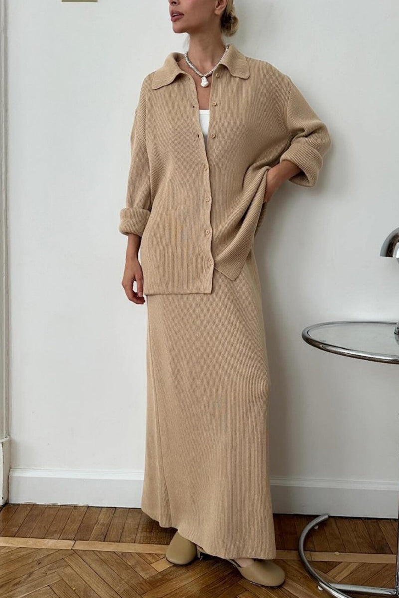 Chic Collared Long Sleeve Skirt Set