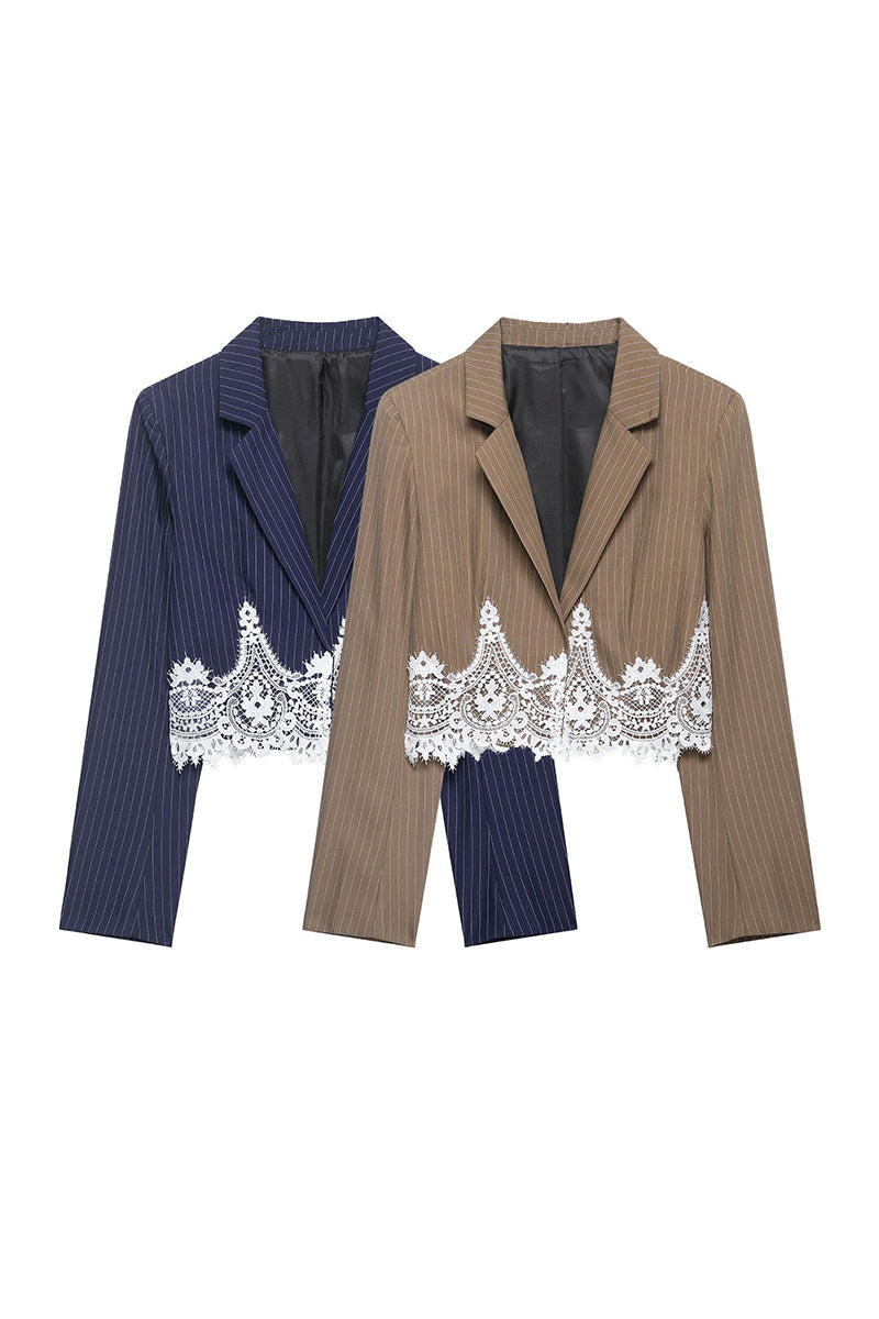 Pinstripe Lace Trim Cropped Blazer