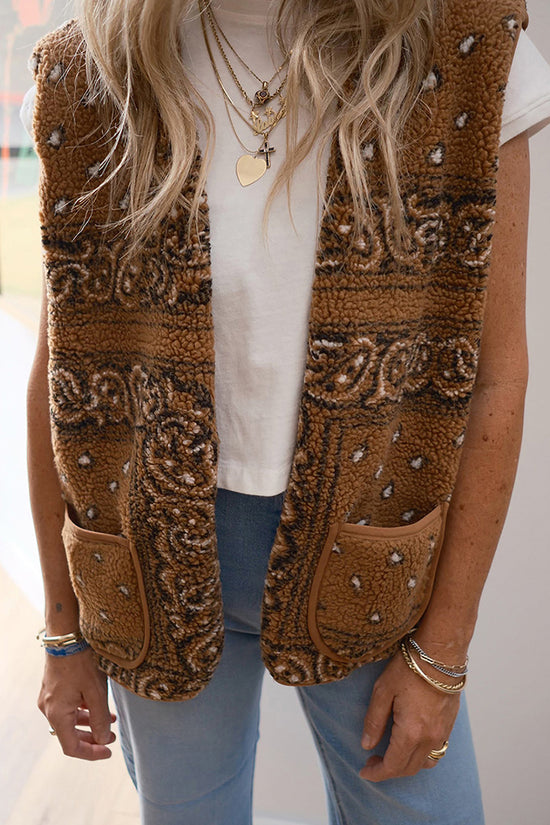 Patterned Sleeveless Vest with Pocket Detail
