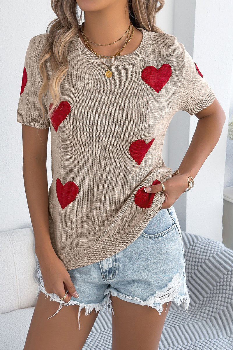 Heart Pattern Short Sleeve Sweater