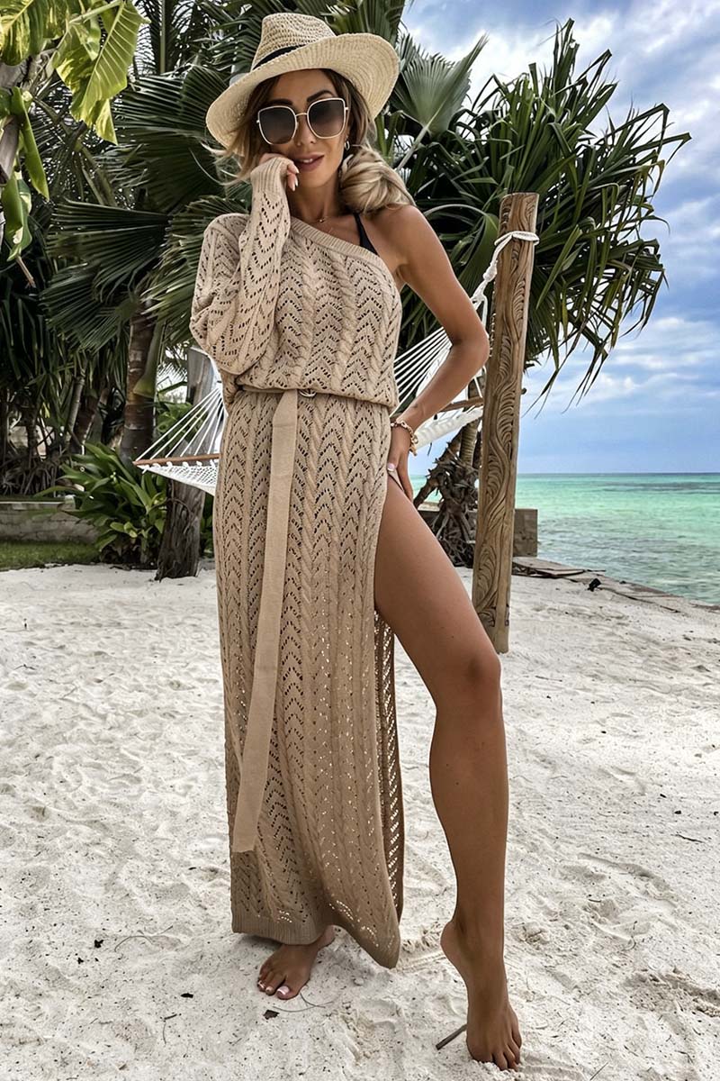 One-Shoulder Knit Belted Casual Dress
