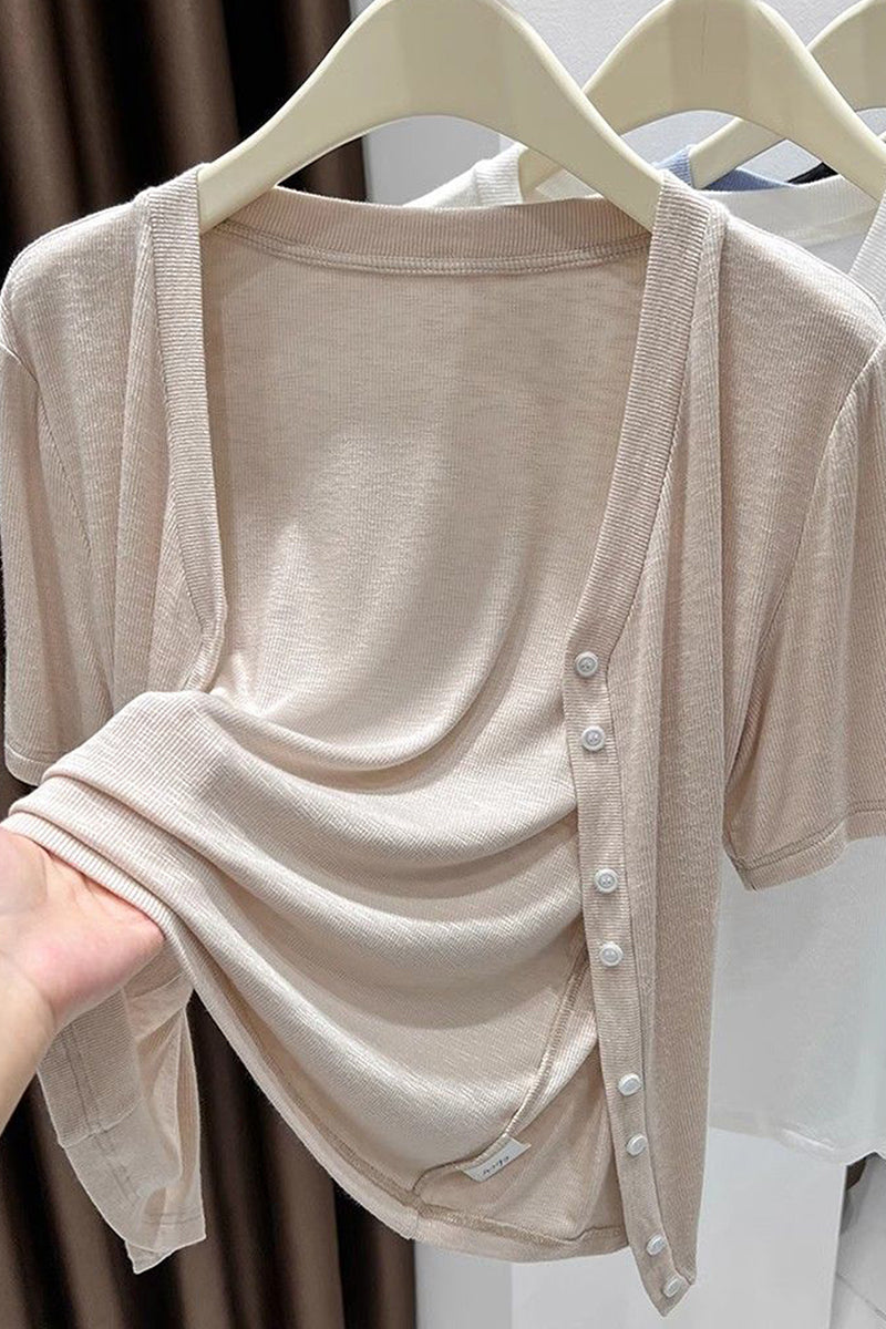 Button-Front Short Sleeve Top