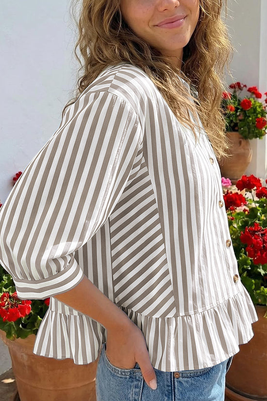 Striped Ruffle Hem Button-Up Blouse