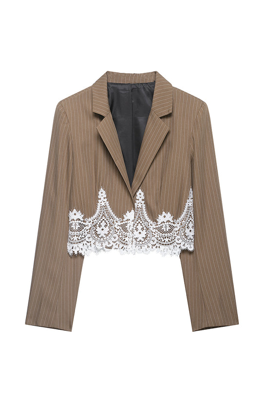 Pinstripe Lace Trim Cropped Blazer