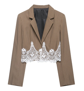Pinstripe Lace Trim Cropped Blazer