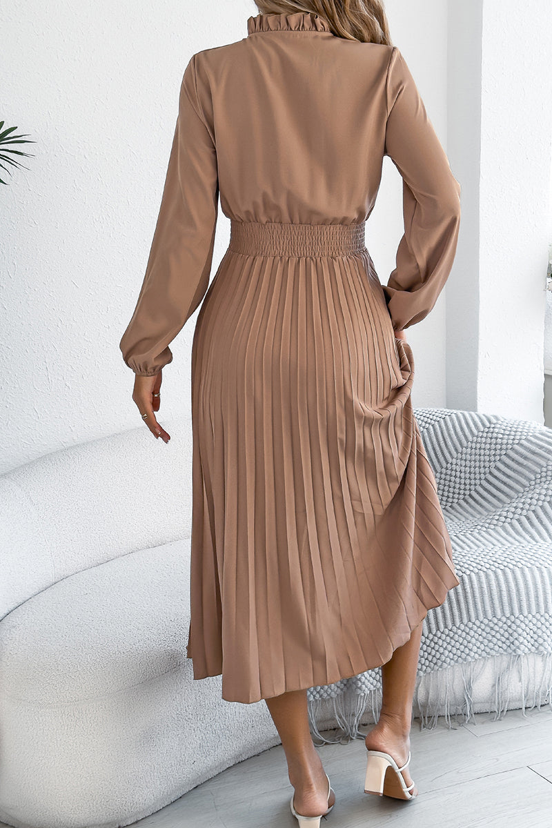 Ruffled Neck Pleated Midi Dress