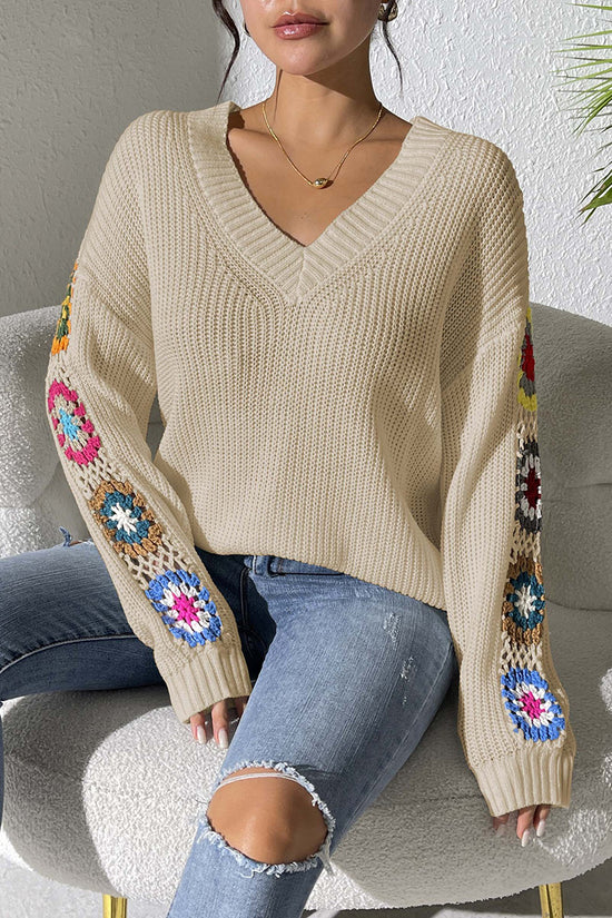 Floral Knit V-Neck Sweater